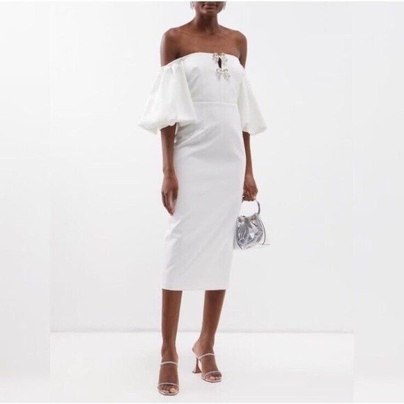 SELF PORTRAIT White Crepe Bow Balloon Sleeve Midi Dress - Picture 1 of 11